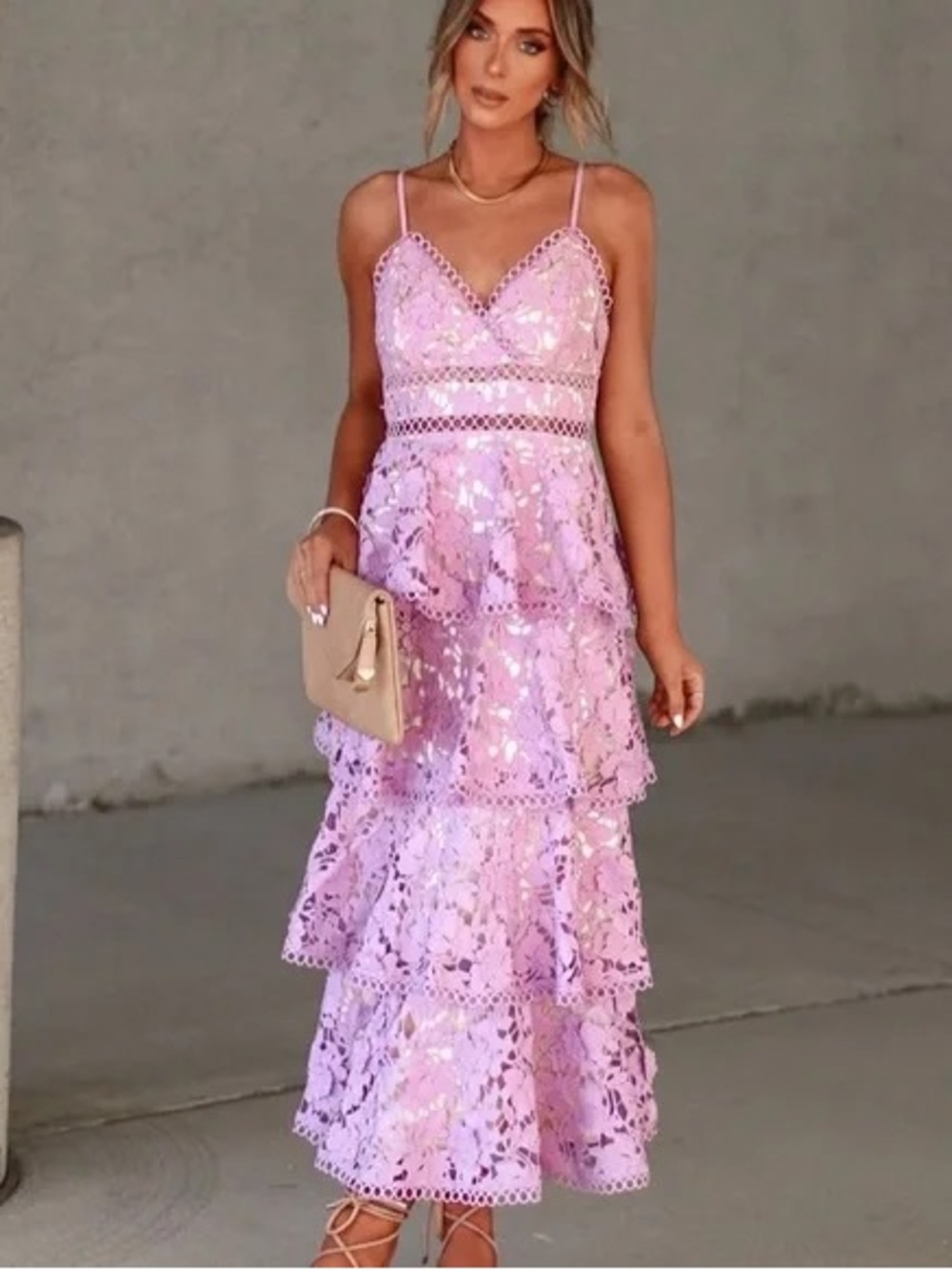 Lace Tiered Spaghetti-Strap Dress in Lavender